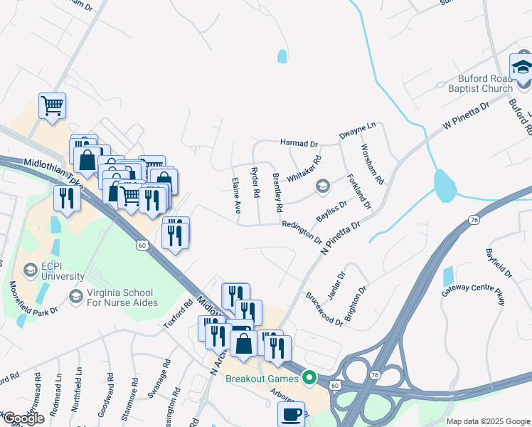 map of restaurants, bars, coffee shops, grocery stores, and more near 809 Ryder Road in Richmond