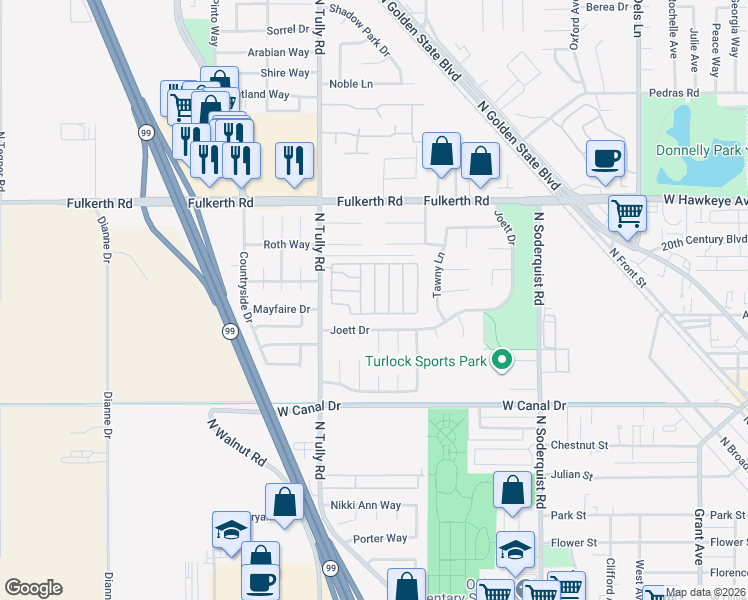 map of restaurants, bars, coffee shops, grocery stores, and more near 1400 North Tully Road in Turlock