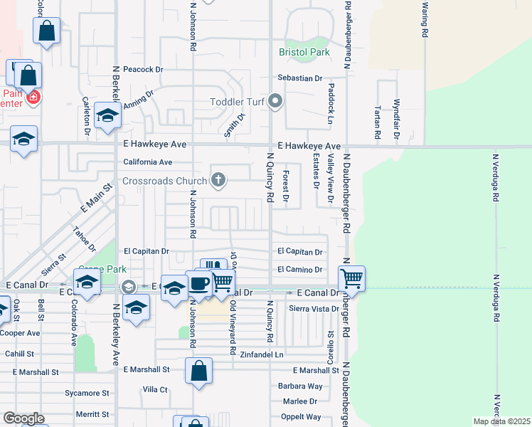 map of restaurants, bars, coffee shops, grocery stores, and more near 1260 Linn Court in Turlock