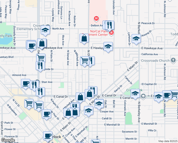 map of restaurants, bars, coffee shops, grocery stores, and more near 755 Wayside Drive in Turlock