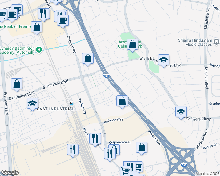 map of restaurants, bars, coffee shops, grocery stores, and more near 1888 Nakoma Court in Fremont