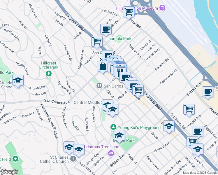 map of restaurants, bars, coffee shops, grocery stores, and more near 700 Walnut Street in San Carlos