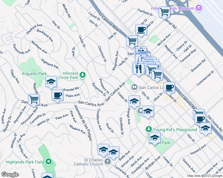 map of restaurants, bars, coffee shops, grocery stores, and more near 547 Cedar Street in San Carlos