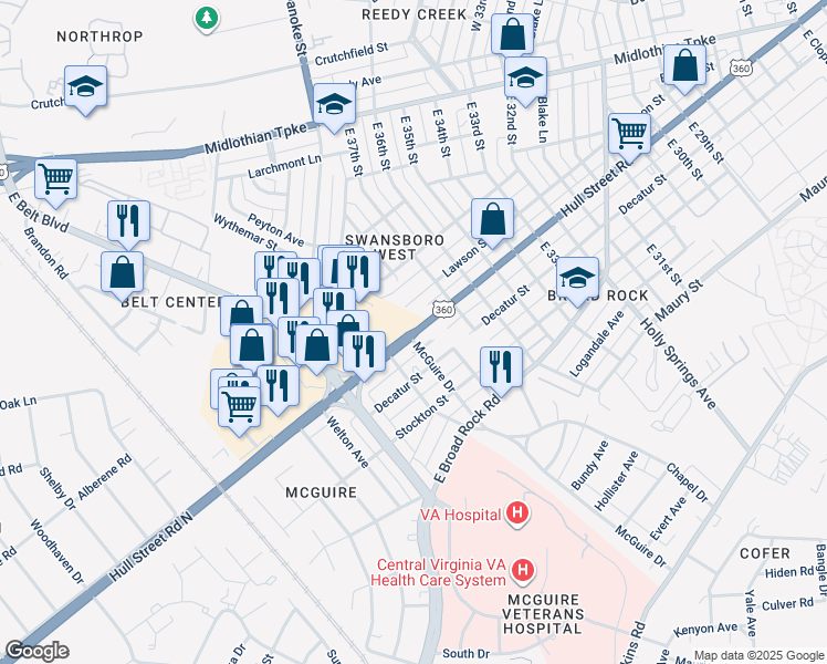 map of restaurants, bars, coffee shops, grocery stores, and more near 3735 Hull Street in Richmond