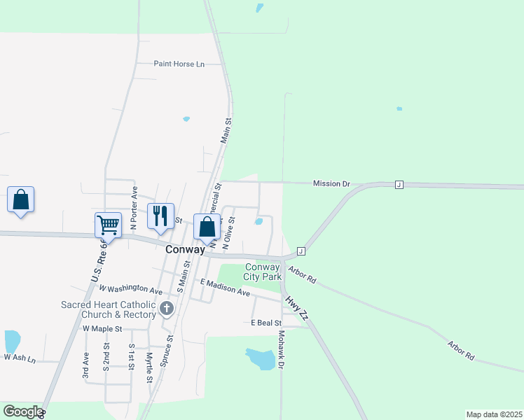 map of restaurants, bars, coffee shops, grocery stores, and more near 319 North Pine Street in Conway