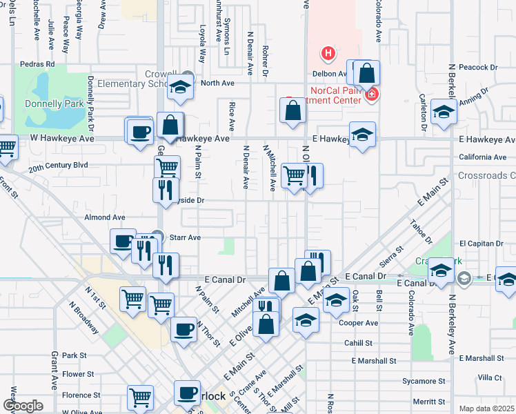 map of restaurants, bars, coffee shops, grocery stores, and more near 550 Wayside Drive in Turlock
