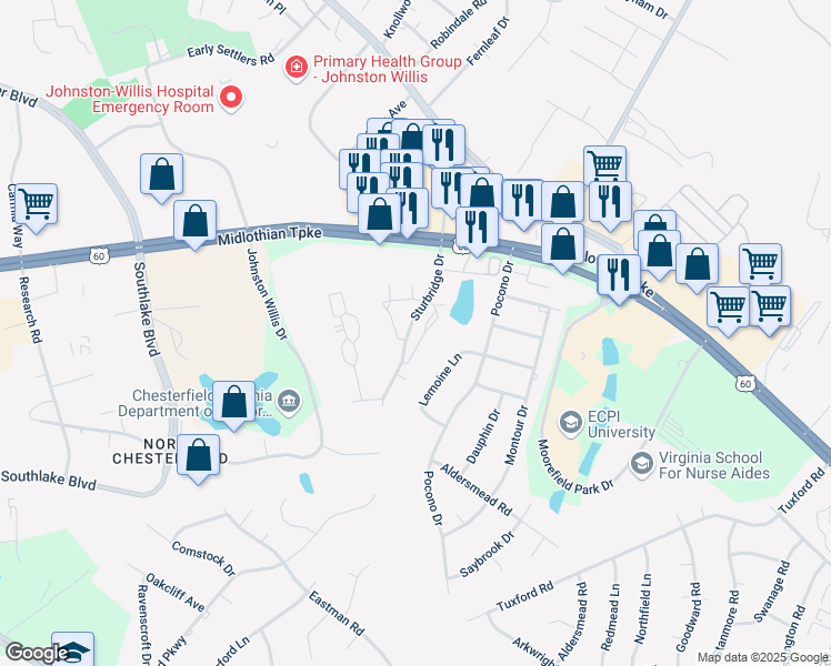 map of restaurants, bars, coffee shops, grocery stores, and more near 742 Sturgis Drive in Richmond