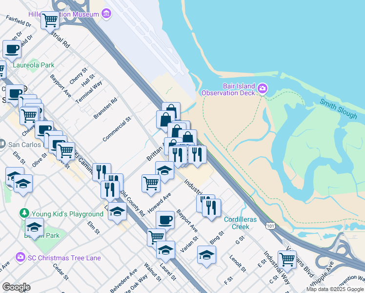 map of restaurants, bars, coffee shops, grocery stores, and more near 832 Brittan Avenue in San Carlos