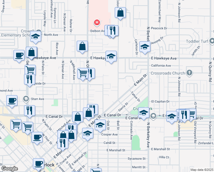 map of restaurants, bars, coffee shops, grocery stores, and more near 1250 Pioneer Avenue in Turlock