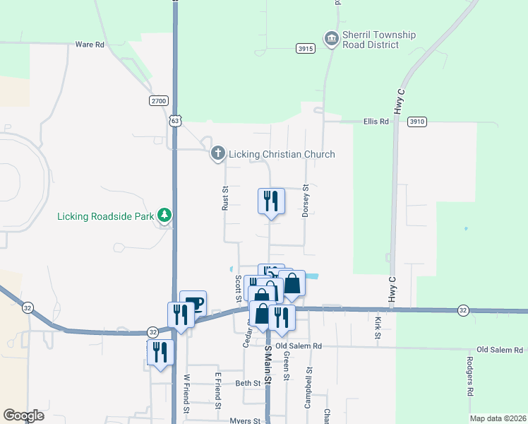 map of restaurants, bars, coffee shops, grocery stores, and more near 213 North Main Street in Licking