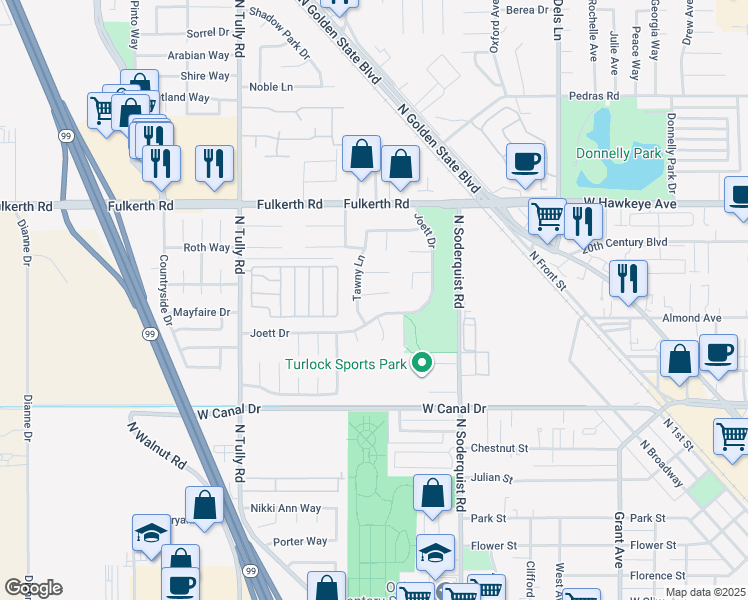 map of restaurants, bars, coffee shops, grocery stores, and more near 1469 Clotilde Court in Turlock