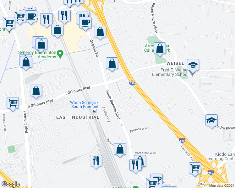 map of restaurants, bars, coffee shops, grocery stores, and more near 45168 Tom Blalock Street in Fremont