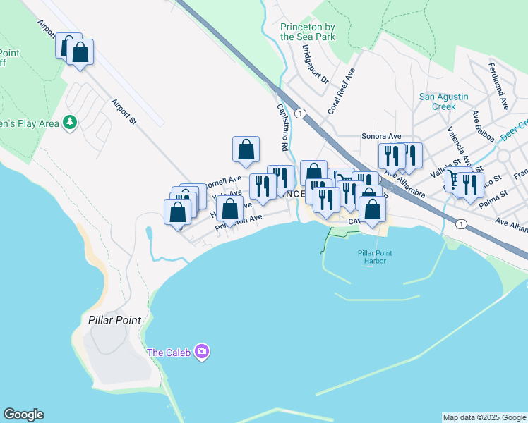 map of restaurants, bars, coffee shops, grocery stores, and more near 313 Princeton Avenue in Half Moon Bay