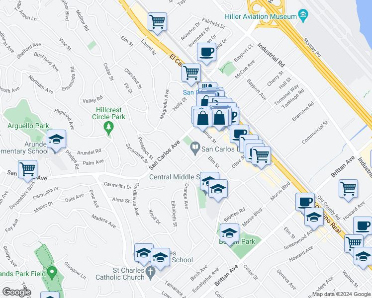 map of restaurants, bars, coffee shops, grocery stores, and more near 621 Chestnut Street in San Carlos