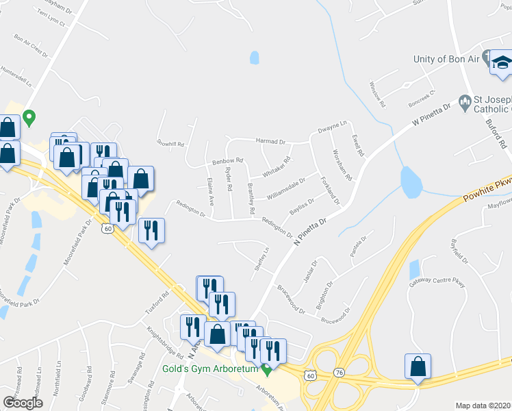 map of restaurants, bars, coffee shops, grocery stores, and more near 401 Williamsdale Drive in Richmond