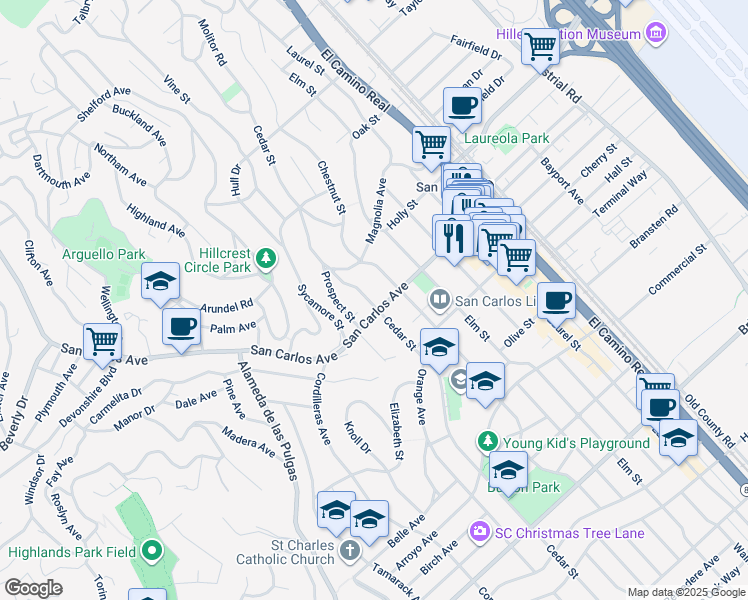 map of restaurants, bars, coffee shops, grocery stores, and more near 593 Cedar Street in San Carlos