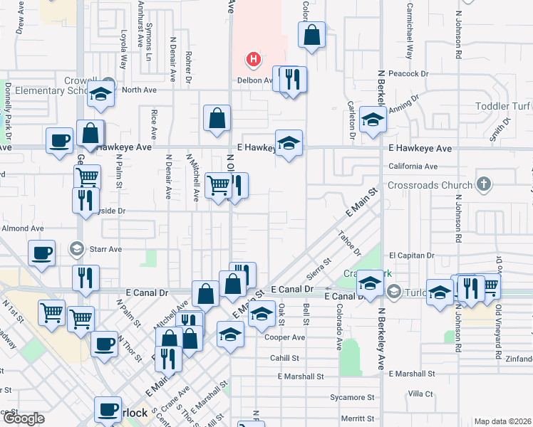 map of restaurants, bars, coffee shops, grocery stores, and more near 1250 Pioneer Avenue in Turlock