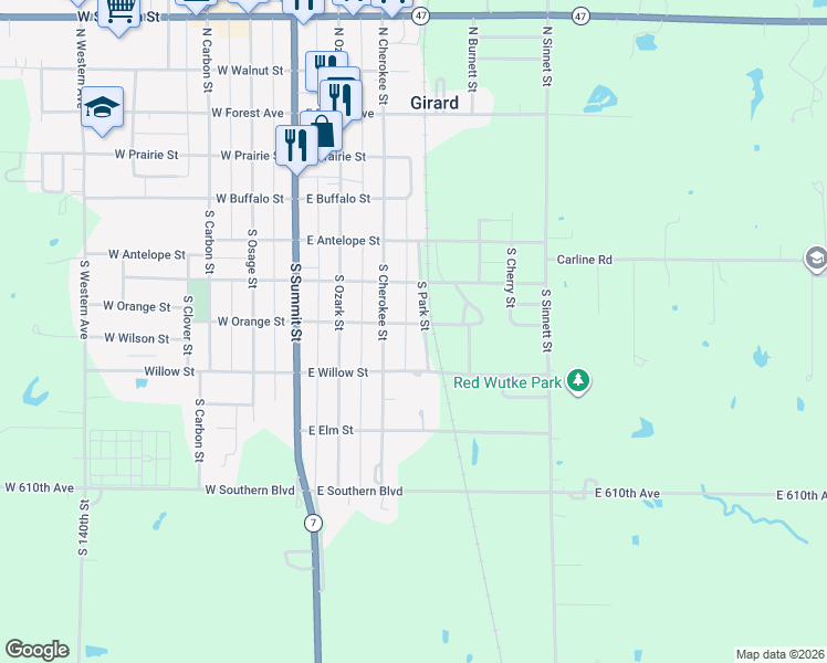 map of restaurants, bars, coffee shops, grocery stores, and more near 336-366 East Orange Street in Girard