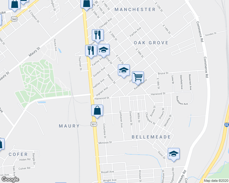 map of restaurants, bars, coffee shops, grocery stores, and more near 2307 Joplin Avenue in Richmond