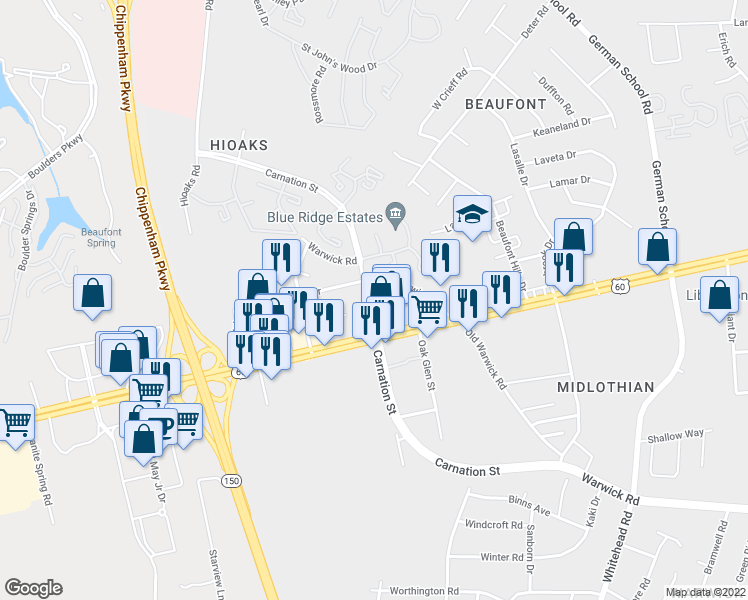 map of restaurants, bars, coffee shops, grocery stores, and more near 6540 Everglades Drive in Richmond