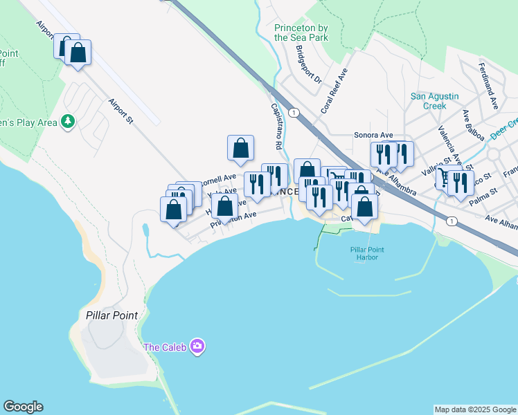 map of restaurants, bars, coffee shops, grocery stores, and more near 313 Princeton Avenue in Half Moon Bay