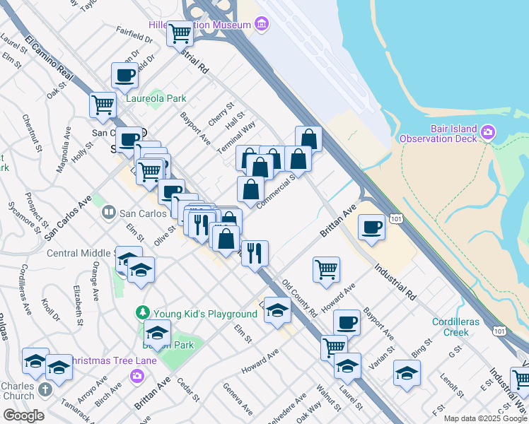 map of restaurants, bars, coffee shops, grocery stores, and more near 1003 Commercial Street in San Carlos