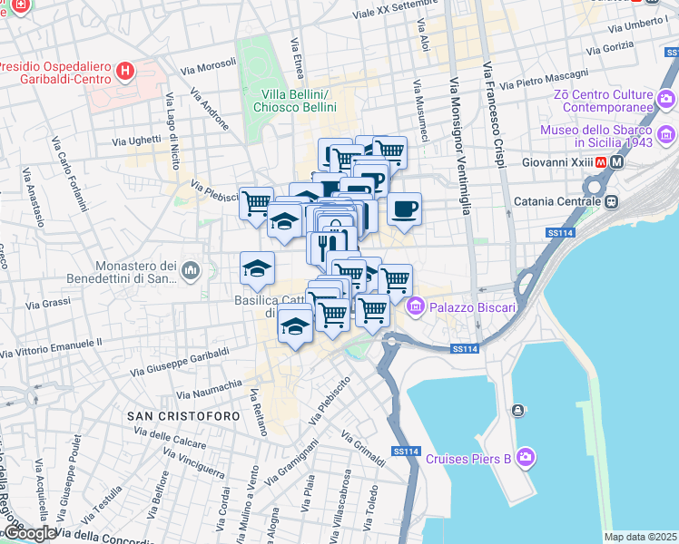map of restaurants, bars, coffee shops, grocery stores, and more near 2 Via Cestai in Catania