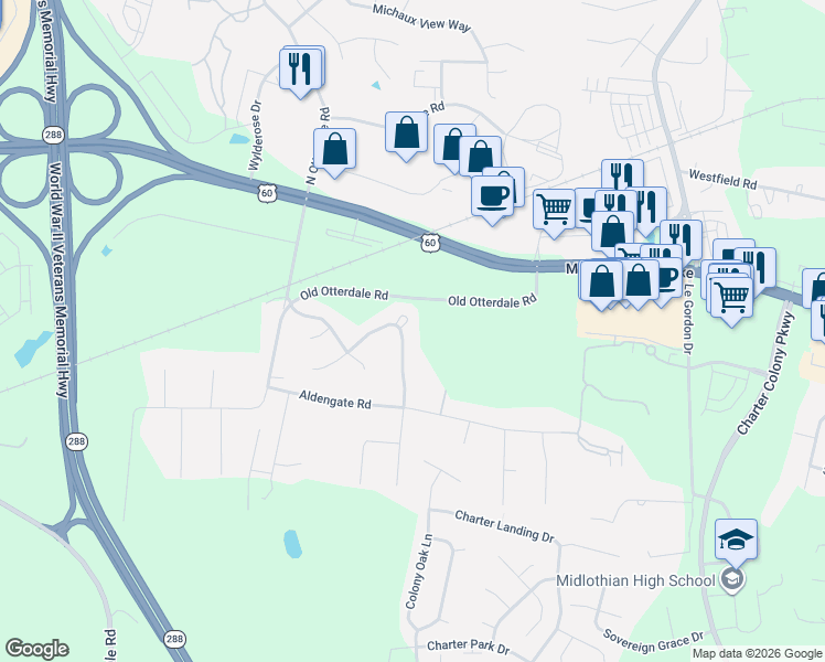 map of restaurants, bars, coffee shops, grocery stores, and more near 243 Wallingham Drive in Midlothian