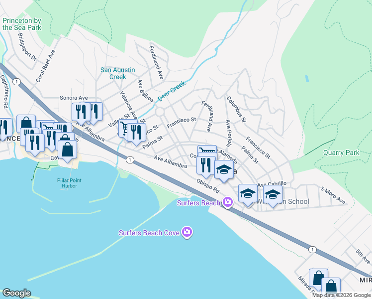map of restaurants, bars, coffee shops, grocery stores, and more near 162 Avenue Balboa in El Granada