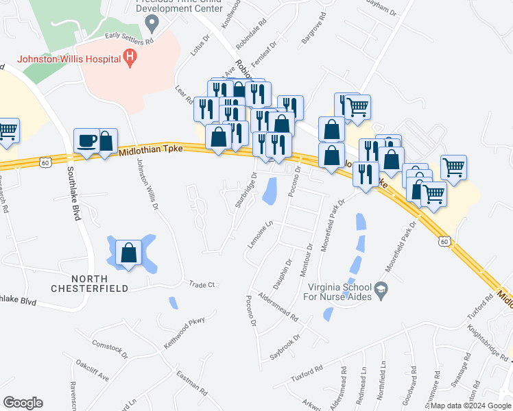 map of restaurants, bars, coffee shops, grocery stores, and more near 751 Sturgis Drive in Richmond