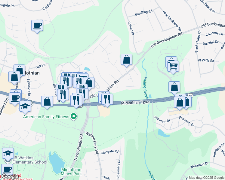 map of restaurants, bars, coffee shops, grocery stores, and more near 12821 Old Buckingham Road in Midlothian
