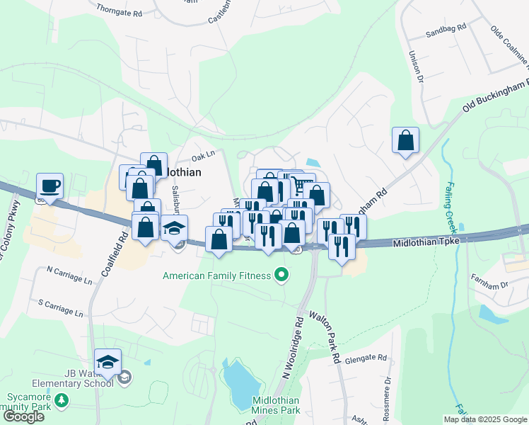 map of restaurants, bars, coffee shops, grocery stores, and more near 13152 Midlothian Turnpike in Midlothian