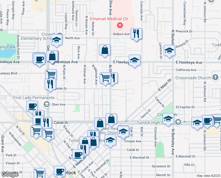 map of restaurants, bars, coffee shops, grocery stores, and more near N Olive Ave & Wayside Dr in Turlock