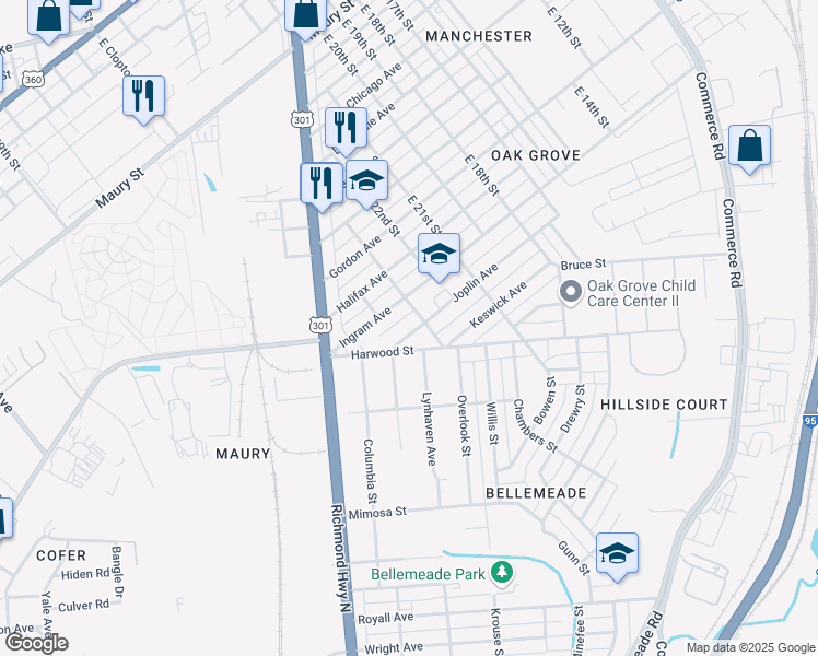 map of restaurants, bars, coffee shops, grocery stores, and more near 2305 Joplin Avenue in Richmond