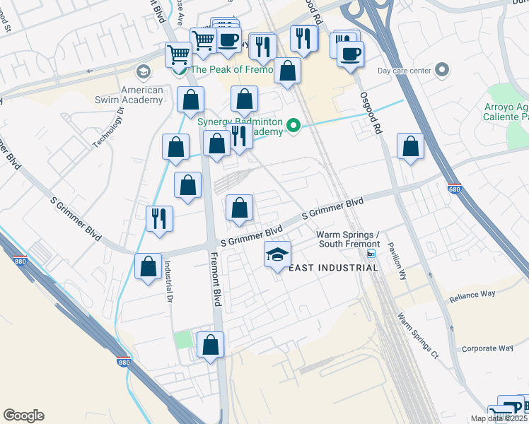 map of restaurants, bars, coffee shops, grocery stores, and more near 44601-44799 Old Warm Springs Boulevard in Fremont