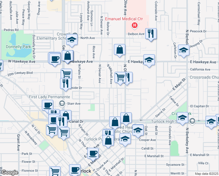 map of restaurants, bars, coffee shops, grocery stores, and more near 577 Wayside Drive in Turlock