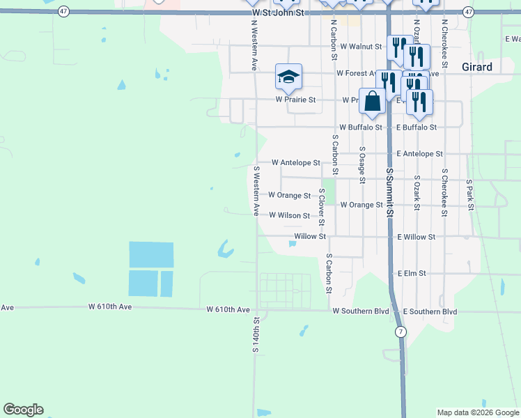 map of restaurants, bars, coffee shops, grocery stores, and more near 610 South Western Avenue in Girard