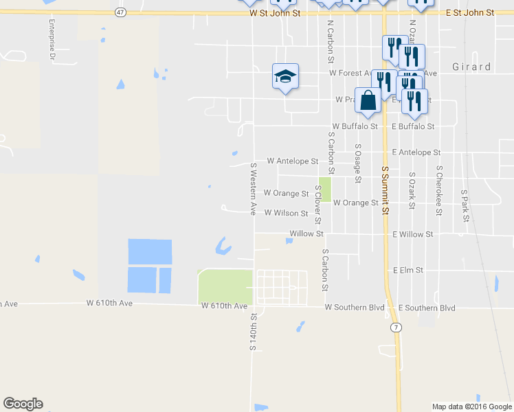 map of restaurants, bars, coffee shops, grocery stores, and more near 610 South Western Avenue in Girard