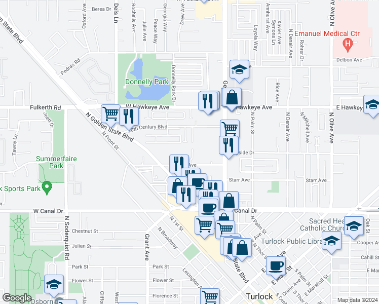 map of restaurants, bars, coffee shops, grocery stores, and more near 245 Almond Avenue in Turlock