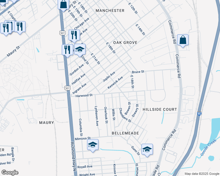 map of restaurants, bars, coffee shops, grocery stores, and more near 2112 Keswick Avenue in Richmond