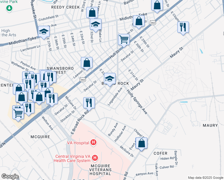 map of restaurants, bars, coffee shops, grocery stores, and more near 3306 East Broad Rock Road in Richmond