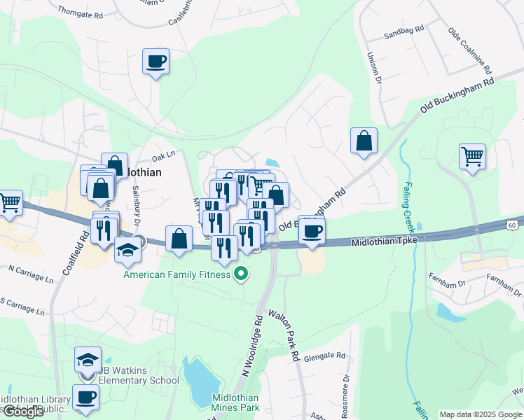 map of restaurants, bars, coffee shops, grocery stores, and more near 13100 Midlothian Turnpike in Midlothian