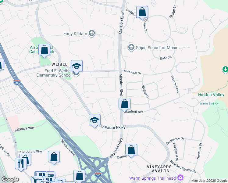 map of restaurants, bars, coffee shops, grocery stores, and more near 45440 Medicine Bow Way in Fremont