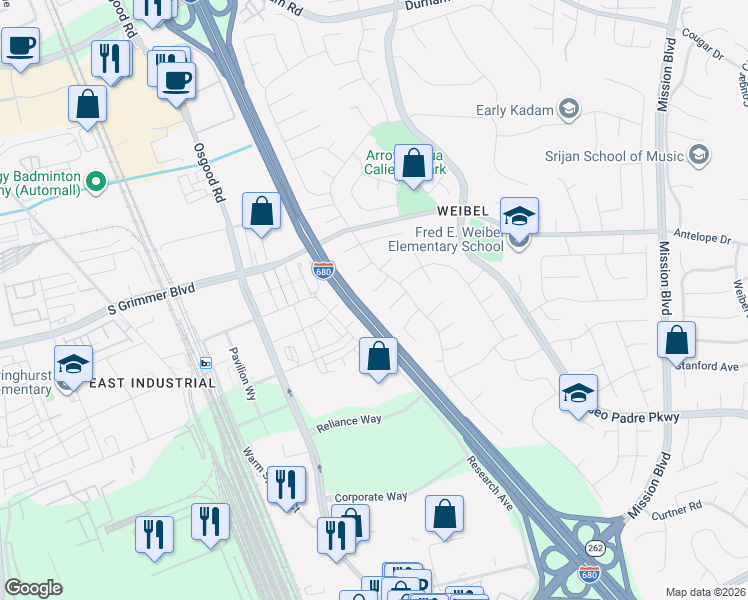 map of restaurants, bars, coffee shops, grocery stores, and more near 1760 Ponca Court in Fremont
