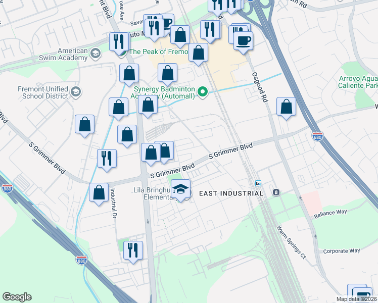 map of restaurants, bars, coffee shops, grocery stores, and more near 44601-44799 Old Warm Springs Boulevard in Fremont