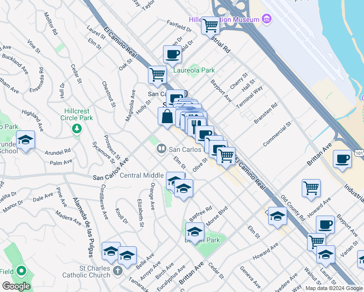map of restaurants, bars, coffee shops, grocery stores, and more near 700 Walnut Street in San Carlos