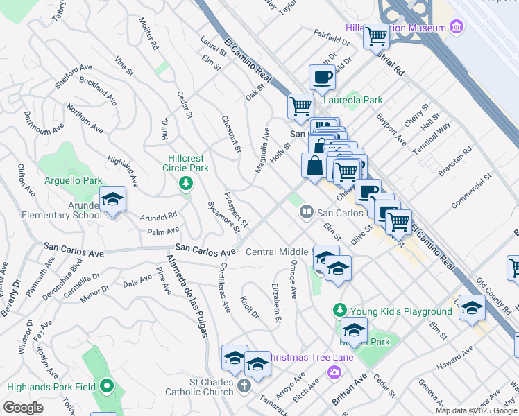 map of restaurants, bars, coffee shops, grocery stores, and more near 547 Cedar Street in San Carlos