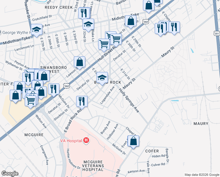 map of restaurants, bars, coffee shops, grocery stores, and more near 3201 Logandale Avenue in Richmond