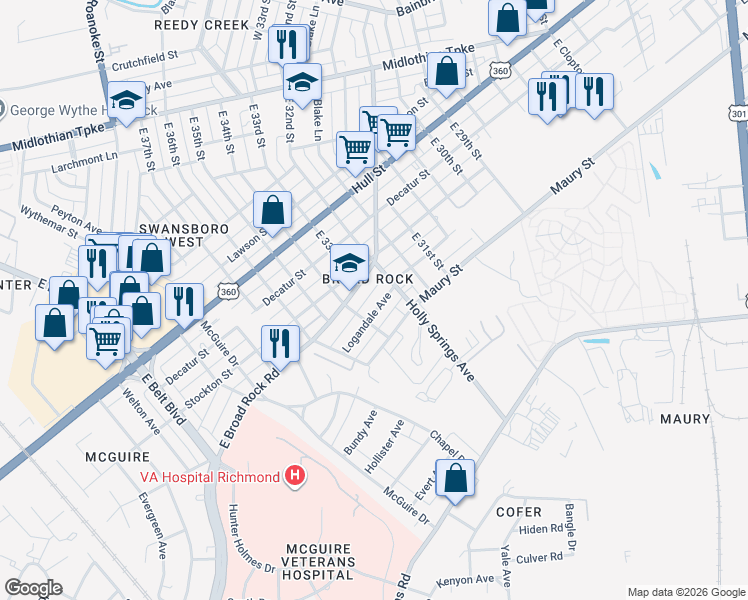 map of restaurants, bars, coffee shops, grocery stores, and more near 3201 Logandale Avenue in Richmond