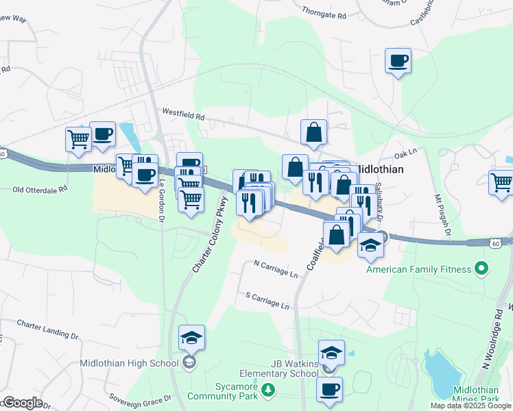 map of restaurants, bars, coffee shops, grocery stores, and more near 13759 Midlothian Turnpike in Midlothian